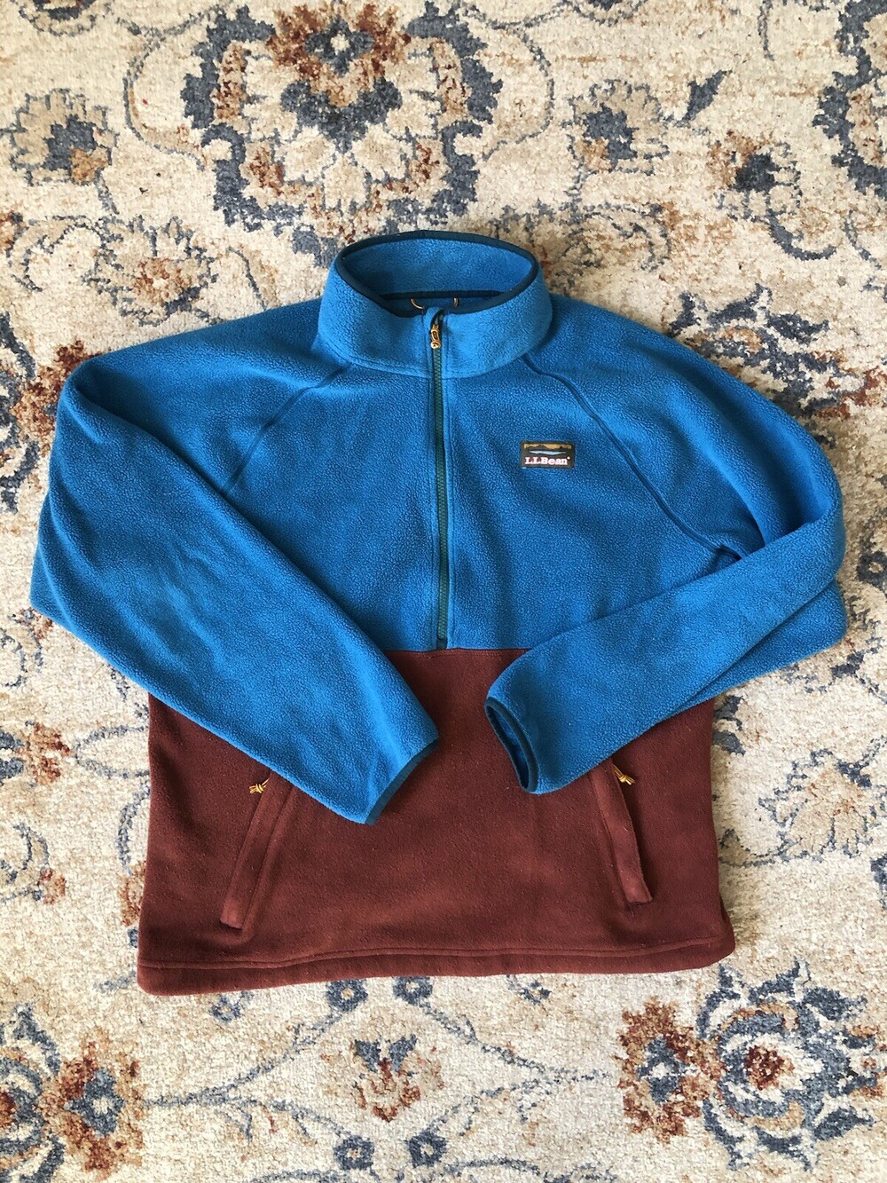 Mens LL Bean Sweater Fleece Pullover Colorblock 1/2 Zip Size Large Hiking Camp